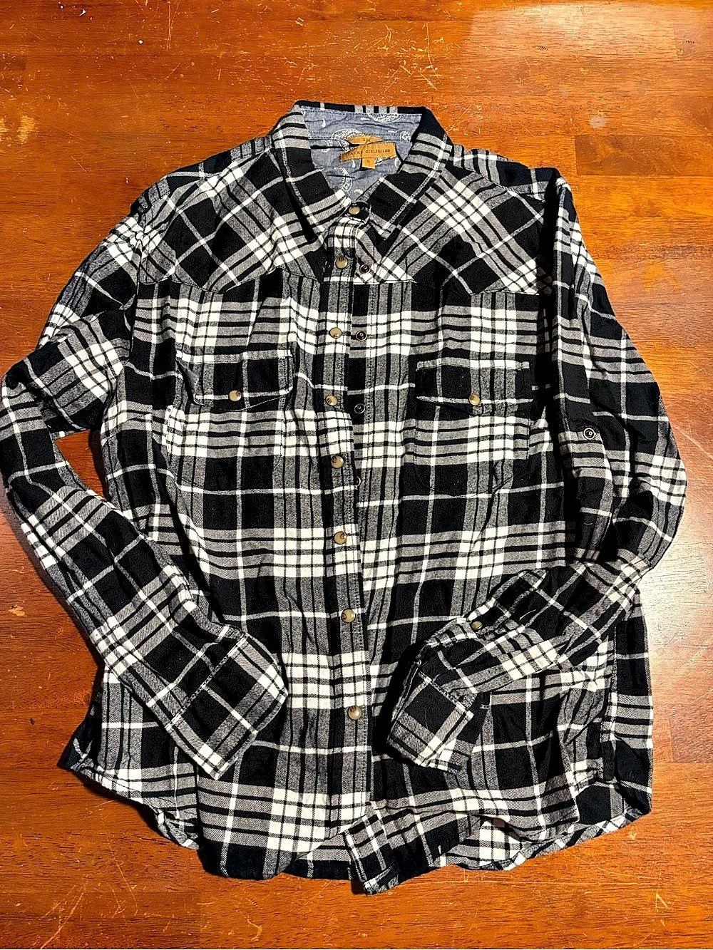 Jack’s Girlfriend Plaid Snap-Front Shirt in Black & White Size L Like New